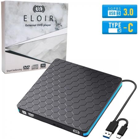Eloir® Externe CD/DVD Speler Voor laptop/PC- Plug & Play - USB 3.0 - Type-C - Draagbare Optische Drive - Compacte - CD/DVD Lezer- ROM - Herschrijven - Schrijven - voor PC - Laptop - Desktop - MacBook - Mac - Windows 7 - 8.1/10 - Linux - OS - Apple
